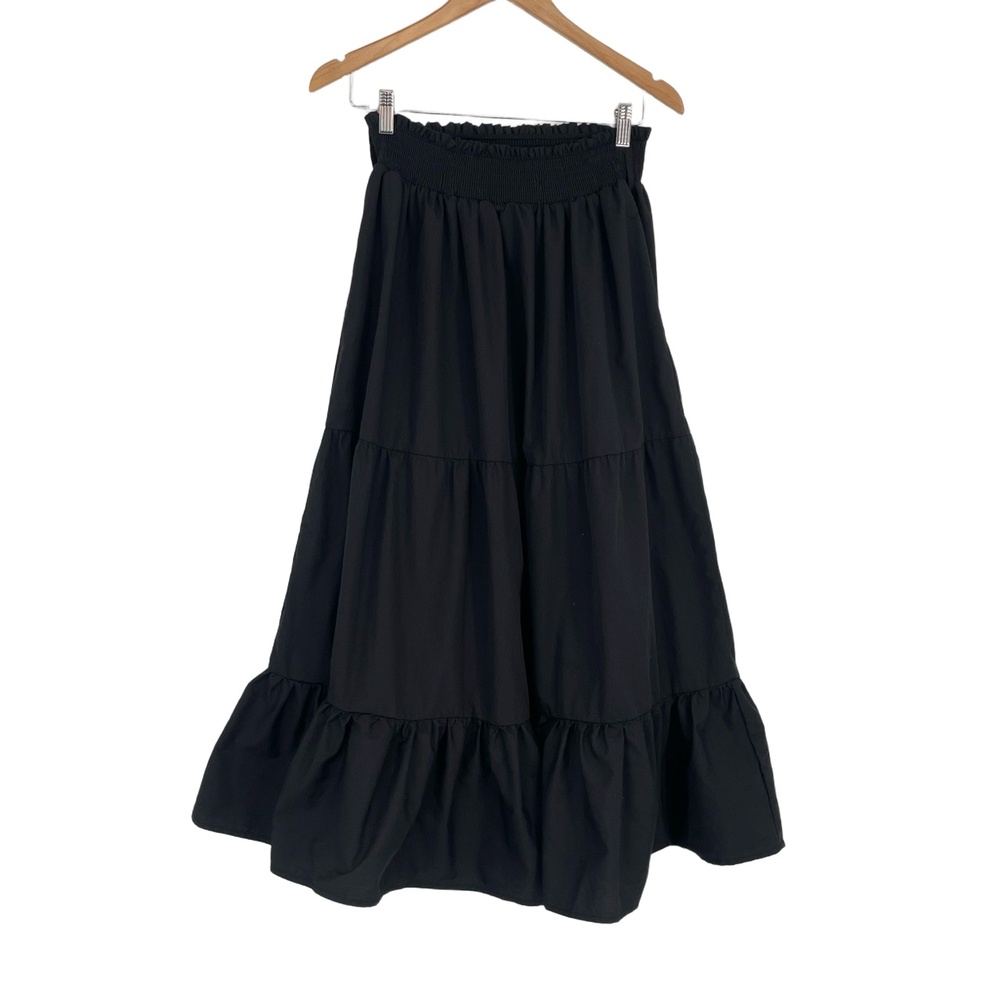 Lark And Grey Womens Cottage Core Boho Elastic Waist Black Midi Skirt Medium
